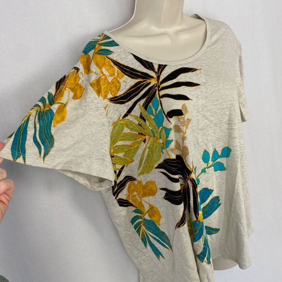 Chicos Top Size 4 100% Linen Floral Tropical Coastal Scoop Neck Beige Tan XXL 2X - Picture 2 of 10